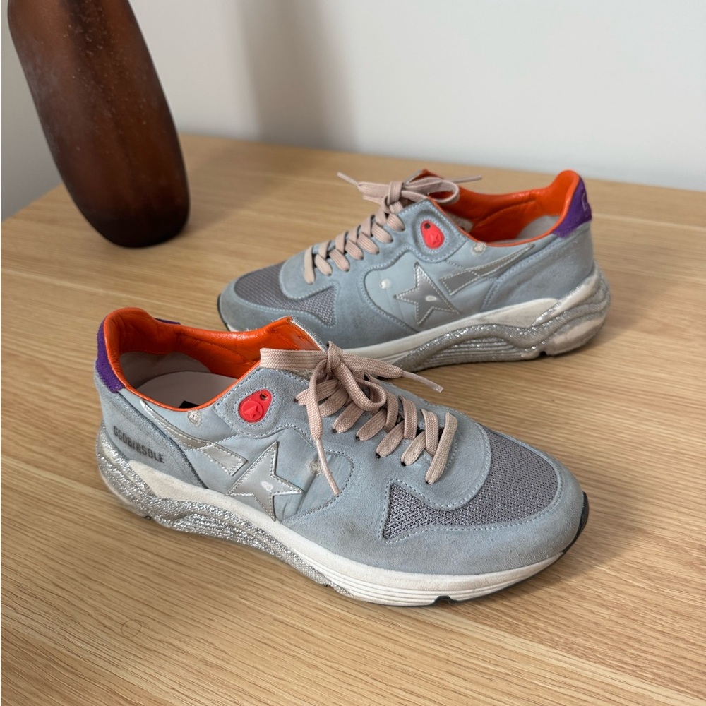 GOLDEN GOOSE Cloud Blue Suede and Orange Running Sole Women's Sneakers - Picture 2 of 11